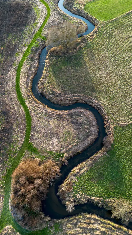 Meanderende beek door een agrarisch landschap vanuit de lucht