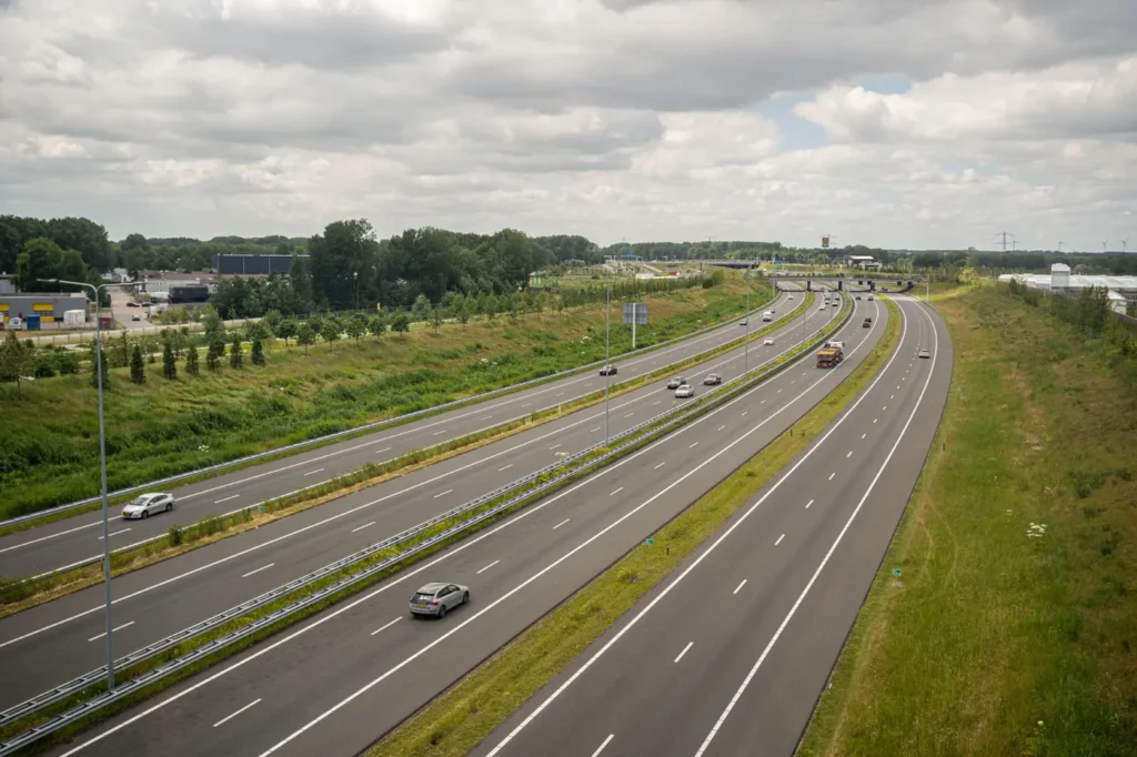 Snelweginfrastructuur met groene bermen onder een bewolkte lucht
