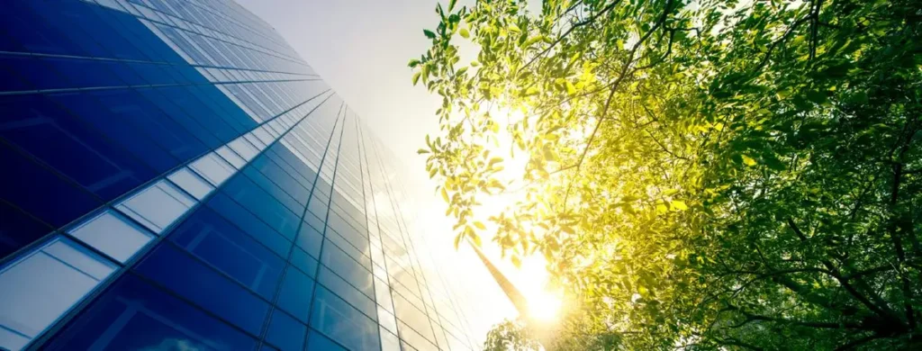 Moderne gebouwgevel naast groene bomen in zonlicht
